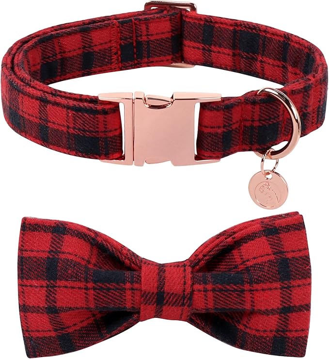 DOGWONG Christmas Dog Collar with Bow Tie, Red Plaid Dog Collar Durable Metal Buckle Adjustable Soft & Cute Red Gingham Dogs Collars for Small Medium Large Dogs, M
