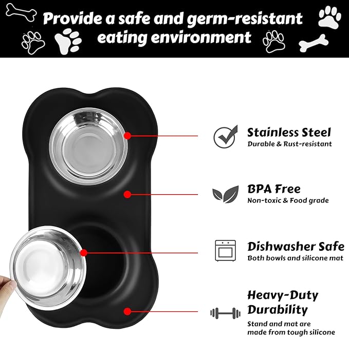 AsFrost Dog Food Bowls Stainless Steel Pet Bowls & Dog Water Bowls No Spill Non Skid, Feeding Bowls with Dog Bowls Silicone Mat for Small Medium Large Size Dogs, Cat Pet Dog Dishes Set, Black, 3 Cup