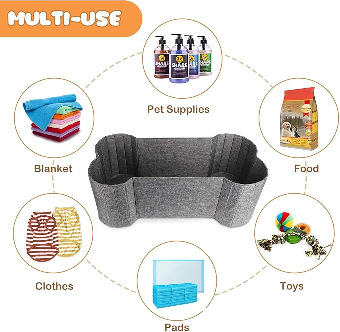 Lukeline Large Dog Toy Basket, Bone Shape Dog Toy Storage Box, Foldable Fabric Storage Bin for Pet toys and Pet Supplies, 26.4 * 12.6 * 9.5 Inches (2 Pack-Grey)