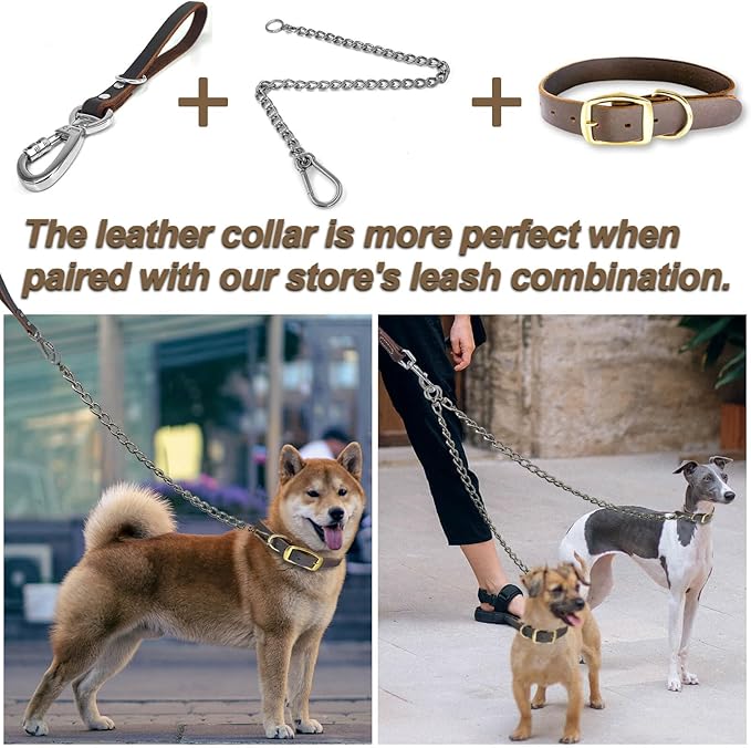 Leather Dog Collar Heavy Duty Hardware Dog Collars Full Grain Ultra Soft and Comfort Genuine Cowhide Metal Buckle Thick Belt Collar for Small Medium Large Pets (Large (16-22" Neck))
