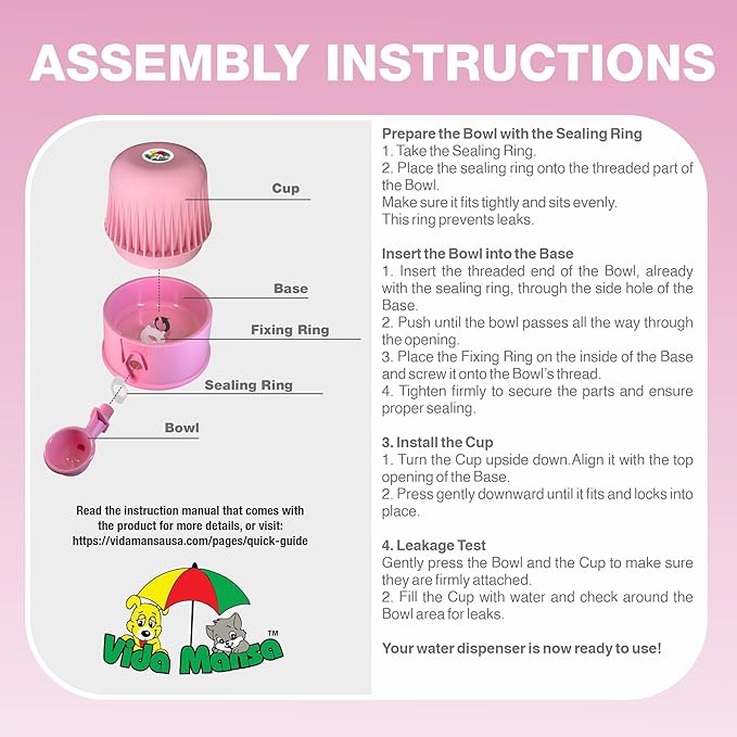 No Spill Pet Water Dispenser for Dogs and Cats, 67.6oz Gravity-Fed Water Bowl with Slow Drinking Design to Prevent Wet Fur, BPA-Free Polypropylene, Vida Mansa (Opaque Pink)