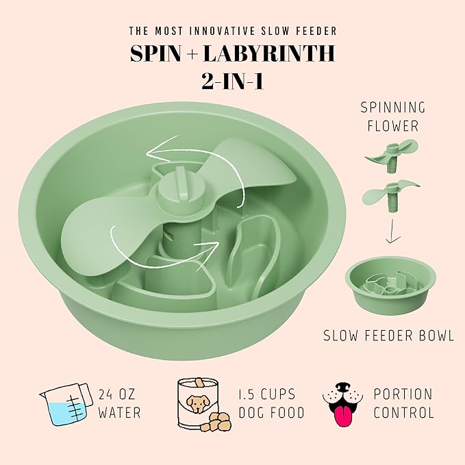 AVERYDAY Slow Feeder Dog Bowls for Medium Breed, 1.5 Cups Engagement Food Puzzle Bowl with Spinning Slow Feeder Insert, Non-Slip Base, Fits for Raised Stand, Hard Maze Design for Medium and Small Dogs