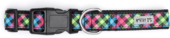 THE WORTHY DOG Collar for Small Dogs, Adjusts 9-15 inches, Durable Nylon Webbing, Quick Release Buckle, Carnival Check Pattern, Multicolored, Small