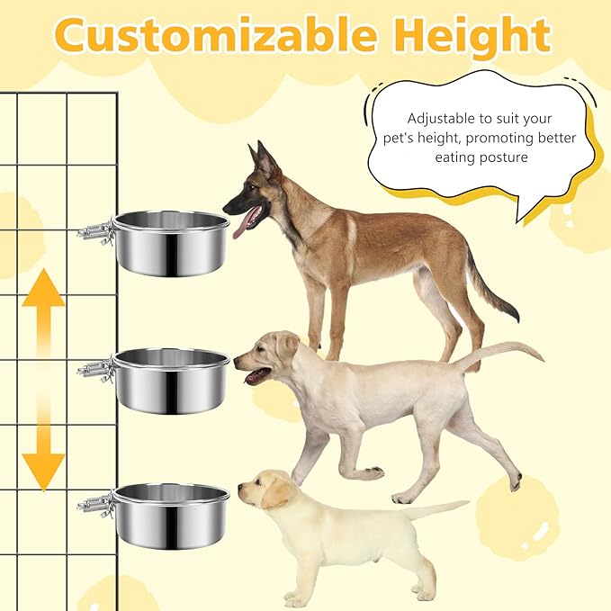 Large Dog Crate Water Bowl No Spill 2 Pack, Stainless Steel Dog Bowls for Food and Water, Pet Kennel Hanging Dogs Food Bowls for Medium/Large Dogs and Cats (7.1"x3.7" & 7.1"*2.6", Silver)
