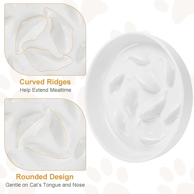 Anti-Bloat Ceramic Slow Feeder Bowl - Fish Pool Design Interactive Puzzle Feeder for Cats & Small Dogs, Food-Safe Porcelain Healthy Eating Dish (White-Ceramic)