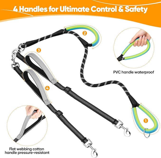XiaZ Double Dog Leash for Two Dogs, No Tangle with 360° Swivel & 4 Comfortable Handles, Heavy Duty Dual Dog Leash with Highly Reflective Rope, Adjustable Split Leash for Small Medium Dogs, 3/8”Black