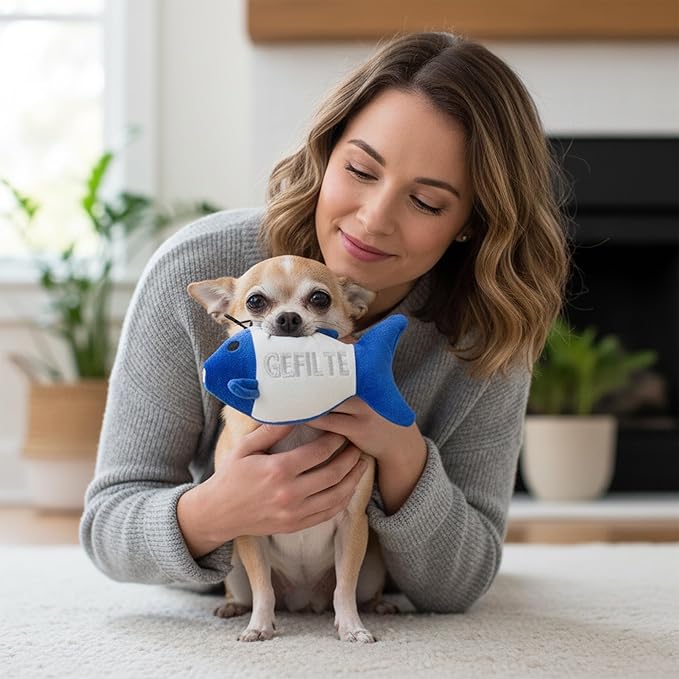 Vaulted Skulls & Co Gefilte Fish Dog Toy | Stuffed Squeaky Gefilte Fish Dog Toy | Jewish Themed Plush Dogs Toys | Realistic Animal Dogs Toys | Blue & White | Small/Medium Breed | 8"