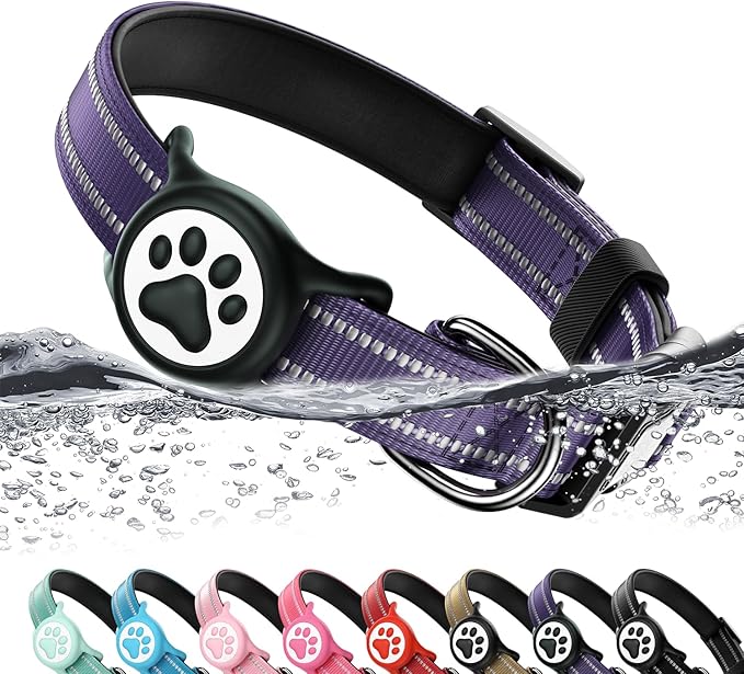 Airtag Dog Collar, Reflective Ultra-Durable Nylon Padded with QR Code Buckle & IP68 Waterproof Air Tag Holder Compatible for Apple AirTag, Comfortable for Small Medium Large Dogs(Purple,L)