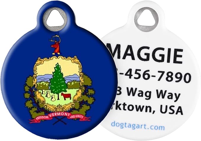 Dog Tag Art Vermont Flag Personalized Pet ID Tag for Dogs and Cats, Silent Polymer Coated Stainless Steel Vermonter Flag Nametag with Customized Identification Information - Large 1.25" Diameter