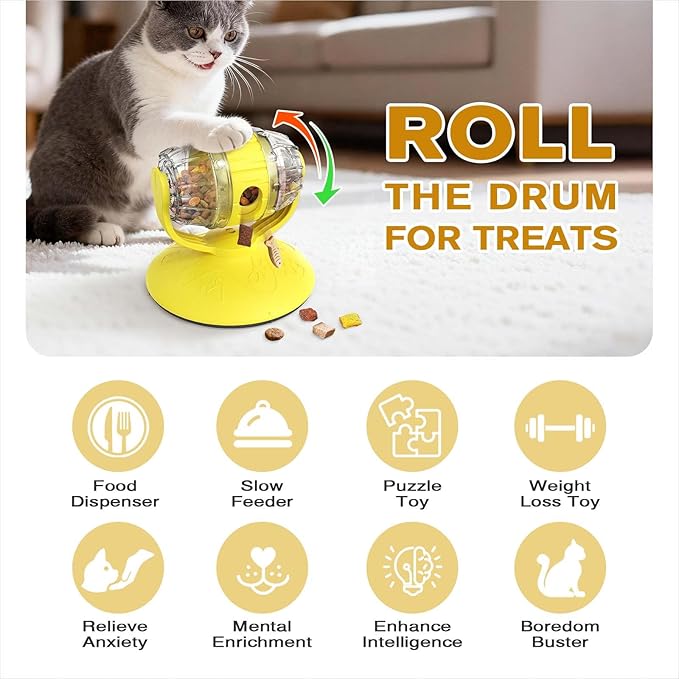 Cat Roll Feeder, Interactive Cat Toy & Dog Toys, Treat Dispenser for Indoor Cats, Small Dogs, Puppies, Slow Feeder, Enrichment Toy for IQ Training, Mental Stimulation, Relieve Boredom, Gifts (Yellow)
