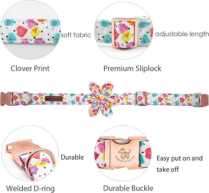 Elegant little tail Valentine's Dog Collar, Heart Dog Collar with Flower Cute Girl or Boy Pet Collars with Flower Puppy Gift Adjustable Pet Collars for Large Dogs