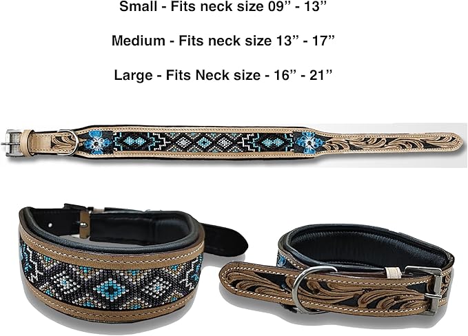 Majestic Ally Padded Leather Dog Collar, Multi-Color Beaded Diamond Design, Handcrafted (Medium, Diamond Beadwork)