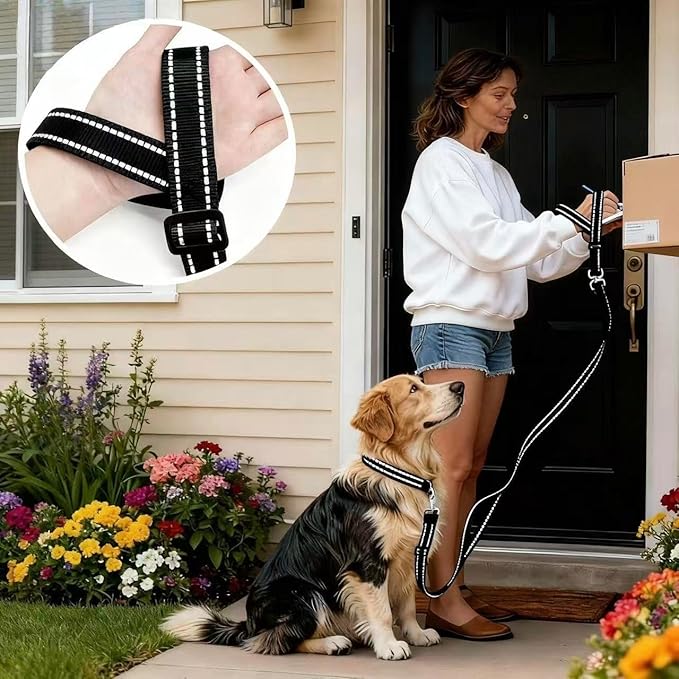 Hands-Free Dog Leash, Heavy Duty No-Pull Training Lead w/Anti-Tangle, Double Padded Traffic Handles Adjustable 5.5-6.2FT & Reflective Thread for Medium Large Dogs for Running/Walking Black