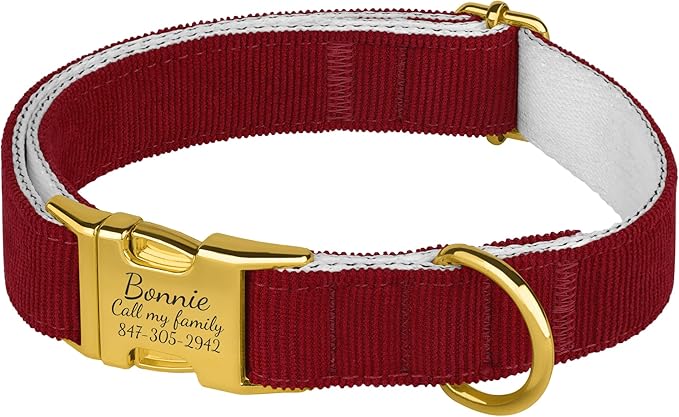 Personalized Dog Collar with Gold Metal Buckle, Velvet Custom Dog Collars for Small, Medium & Large Dogs – Puppy Collars with Metal Buckle, 4 Sizes, 8 Colors (Red, XL, 19"-24")