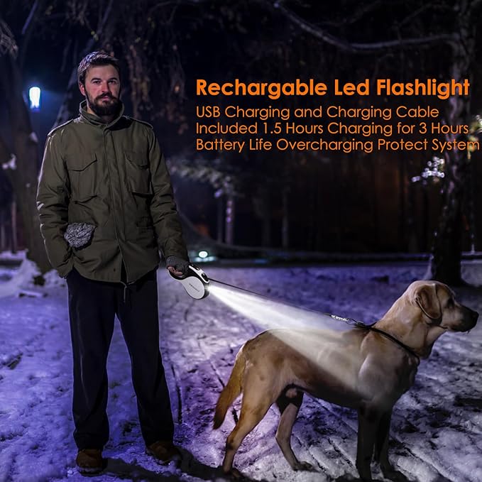 Retractable Dog Leash with Chew Proof Cable and LED Flashlight, 16Ft Heavy Duty Dog Leash for Medium Large Dogs up to 110lbs, 360° No Tangle (White+16ft+LED)
