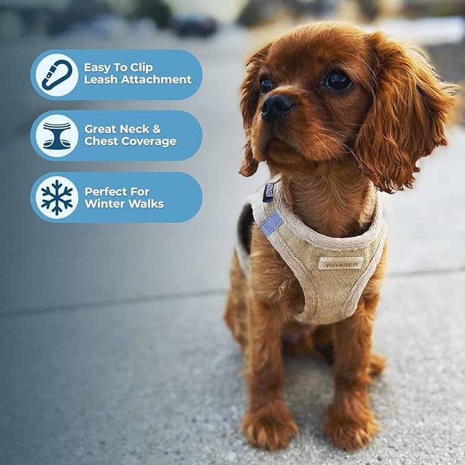 Best Pet Supplies - All Weather Plush, Reflective, No Pull Harness for Small, Medium Dogs, Cats - Secure with Hook & Loop Fastener, Buckle, Double D-Rings - Latte Suede, XL