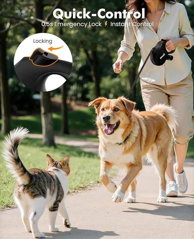 26ft Retractable Dog Leash, Heavy Duty Retractable Pet Leash with Poop Bag Holder, Anti-Slip Soft Grip, Reflective Dog Leashes for Medium Dogs Large Dogs 33lbs-110lbs(Black)