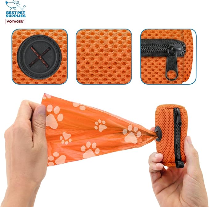 Best Pet Supplies Dog Poop Bag Holder Leash Attachment with 15 Bags, Orange, Reusable Mesh Dispenser Pouch for Travel, Walking, Park, and Outdoor Use, Soft and Durable with Clip-On
