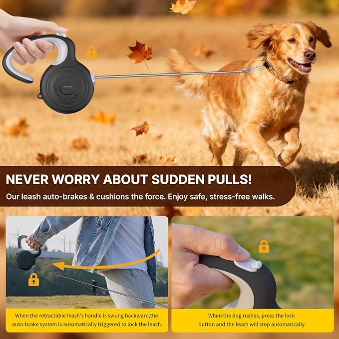 AutoBrake Retractable Dog Leash for Small and Medium Dogs, 360° Tangle-Free Dog Leash and 10Ft Strong Nylon Tape, Ergonomically Comfortable and Lightweight Grip Handle (Black)