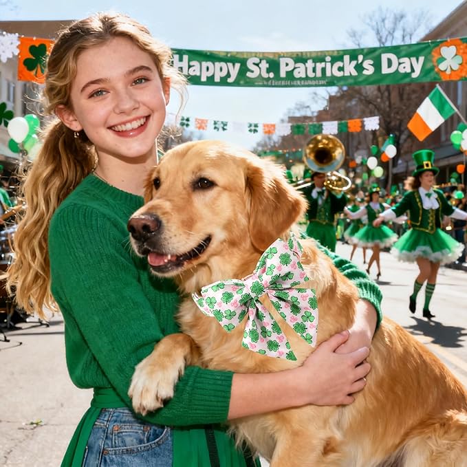 DOGWONG St. Patrick's Day Shamrock Dog Collar with Sailor Bow,Pink Green Four Leaf Clover Pattern Dog Collar, Adjustable Durable Soft Collars Irish Gift for Girl Female Puppy,XS
