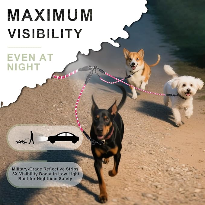 No Tangle 3 Dog Leash - Main Lead Rope with Padded Handle, Three Detachable Leash Splitters, Heavy-Duty Clip, 4.76ft for Walking, Running, Small, Medium, Large Dogs (Pink)