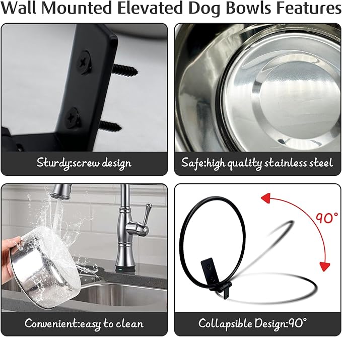 Hamiledyi 6 Pack Wall Mounted Elevated Dog Bowls - Adjustable Height Stainless Steel Raised Food & Water Bowls with Collapsible Stand for Medium & Large Dogs & Cats (M)