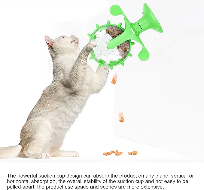 GLOGLOW Cat Food Leakage Toy, Windmill Treat Dispensing Cat Puzzle Food Interactive Toy Kitten Slow Feeder Snacks Distribution with Powerful Suction Cup(Green)