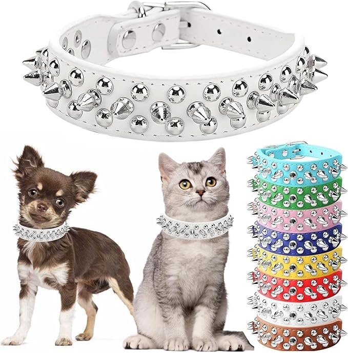 Small Spiked Dog Collar, Male Spike Puppy Collars PU Leather Mushrooms Rivet Boy Studded Cat Collars Adjustable for Little XXS XS Medium Large Dogs, White, S