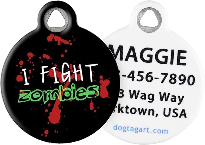 Dog Tag Art Halloween Zombie Custom Pet ID Tag for Dogs and Cats, Personalized Dog Tag with Customized Identification Information, Zombie Fighter, Small (7/8" Diameter)