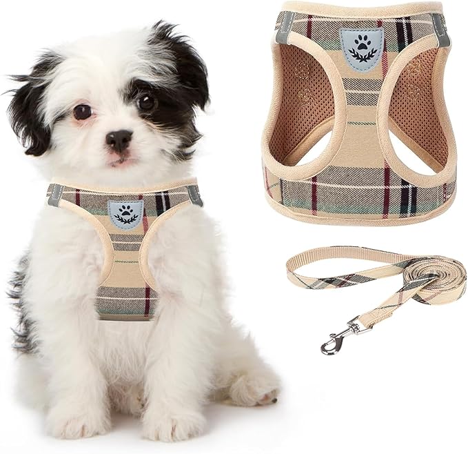 KOOLTAIL Dog Harness for Small Medium Dogs,Dog Harness and Leash Set, Step in No Pull Soft Mesh Padded Adjustable and Reflective Pet Vest Harness Puppy, Plaid Extra Harness for XS S Dogs, Beige S