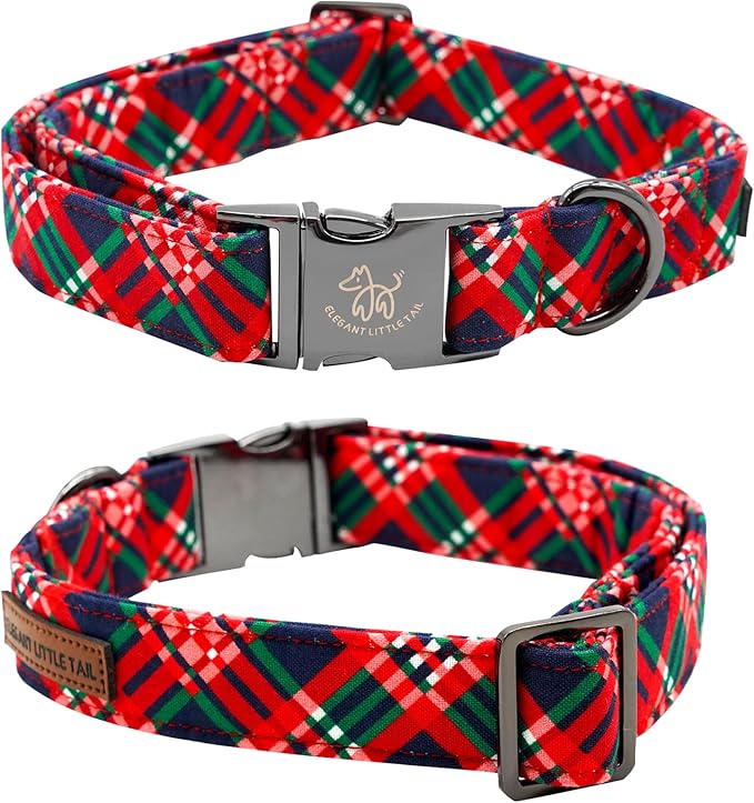 Elegant Little Tail Dog Collar with Red Plaid Christmas Pattern and Flower for Small Dogs
