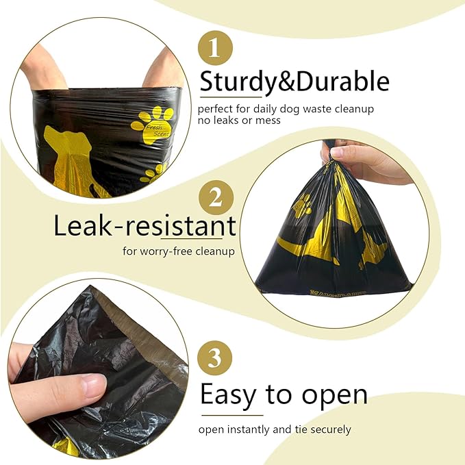 Bone-Shaped Dog Poop Bag Holder for Leash |Dispenser with 15 Leak-Resistant Waste Bags & Carabiner Clip(Wheat)
