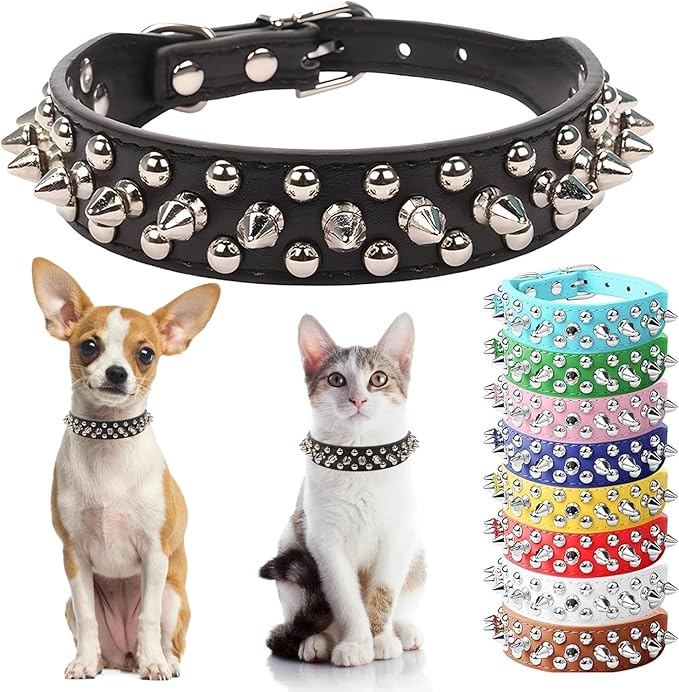 Spiked Dog Collar for Small Dogs, Male Spike Puppy Collars PU Leather Mushrooms Rivet Boy Studded Cat Collars Adjustable for Little XXS XS S Medium Large Dogs, Black, XX-Small