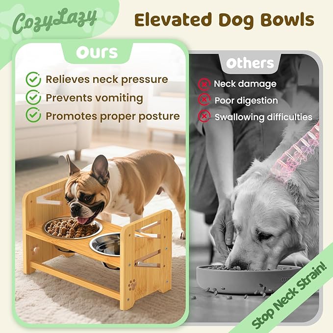 Elevated Dog Bowls, Adjustable Raised Dog Bowl Stand for Medium and Small Pet, 11" High Bamboo Pet Food Feeder with 2 Stainless Steel Dishes（4 Height）