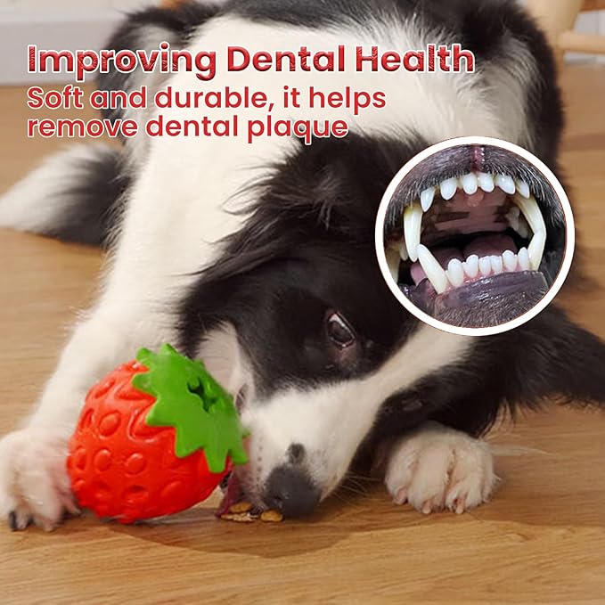Dog Puzzle Toy, Interactive Dog Treat Dispenser, Soft Rubber Toys for Aggressive Chewers, Enrichment Toys for Teething, Strawberry