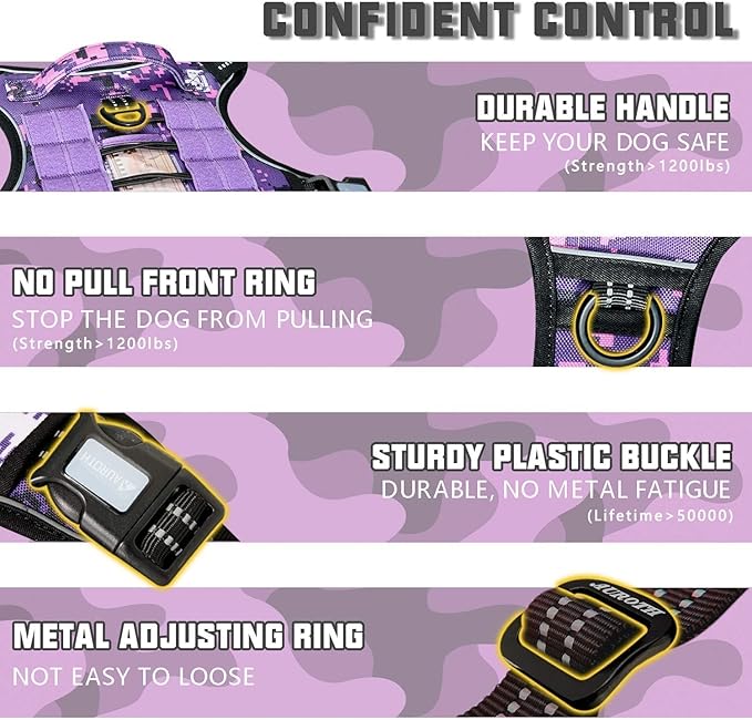 AUROTH Tactical Dog Harness for Large Dogs No Pull Adjustable Pet Harness Reflective K9 Working Training Easy Control Pet Vest Military Service Dog Harnesses Purple Camo XXL