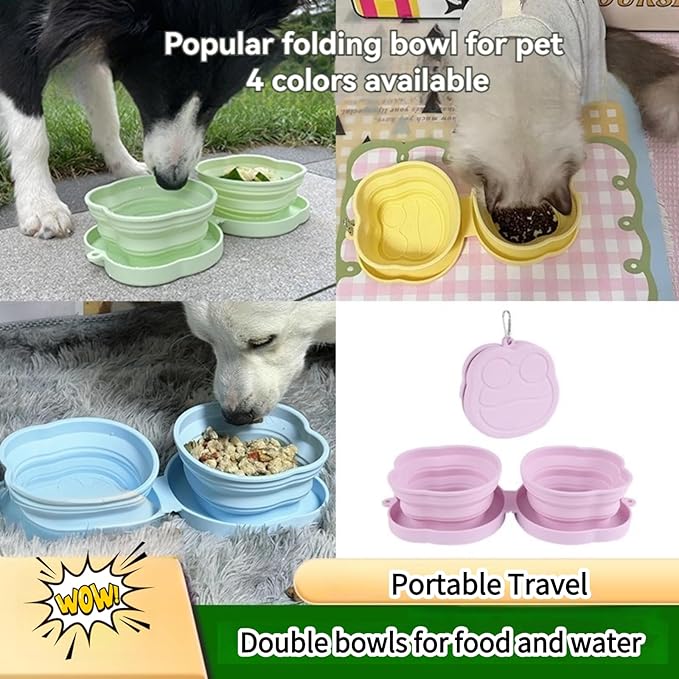Large Dog Bowl Collapsible Dual Pet Bowl Flip Over Foldable Travel Food & Water Bowls for Dogs & Cats, Lightweight Portable 2-in-1 Double Feeder, 16.9 oz Each Bowl (Yellow)
