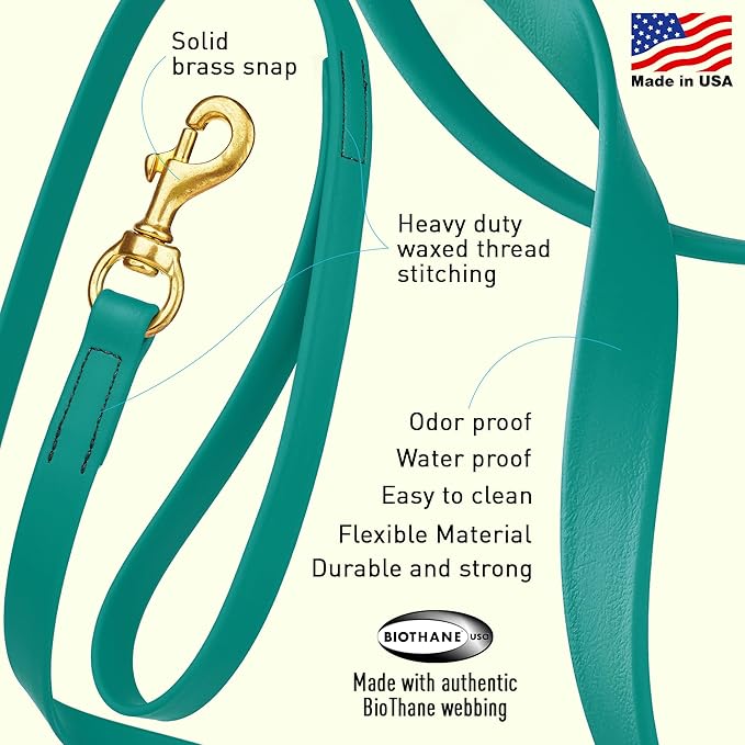 Viper Biothane K9 Working Dog Leash Waterproof Lead for Tracking Training Schutzhund Odor-Proof Long Line with Solid Brass Snap for Puppy Medium and Large Dogs, 20ft Blue Aqua