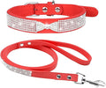 Cute Dazzling Sparkling Elegant Fancy Soft Suede Leather Bling Rhinestone Crystal Jeweled Pet Cat Dog Puppy Collar Dog Leash Combo Set (M(Neck 12.5-15"), Red-3)