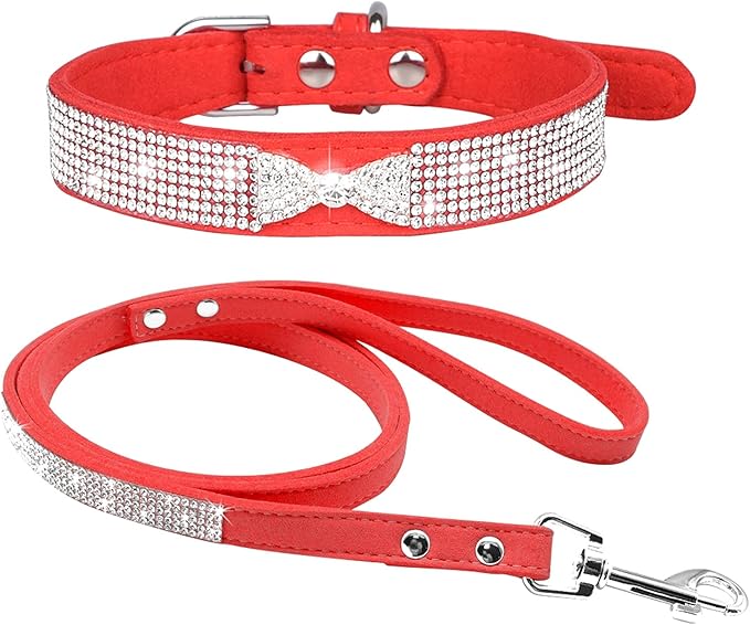 Cute Dazzling Sparkling Elegant Fancy Soft Suede Leather Bling Rhinestone Crystal Jeweled Pet Cat Dog Puppy Collar Dog Leash Combo Set (M(Neck 12.5-15"), Red-3)