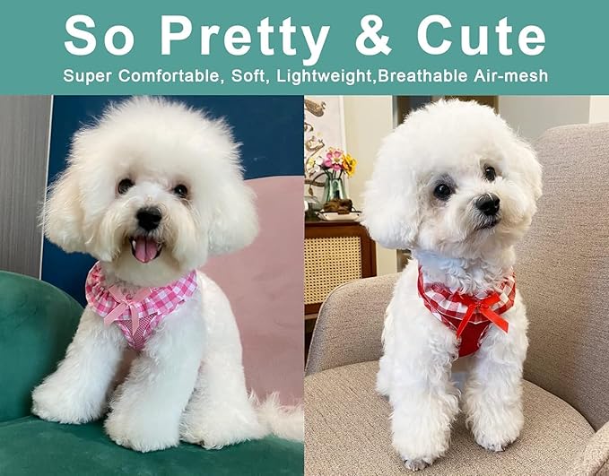 SuperBuddy Upgraded Soft Mesh Dog Harness, Super Breathable Lightweight Pet Harnesses for Puppy Dogs Outdoor Walking, Pink and Red Dog Harness Set Packing-Small