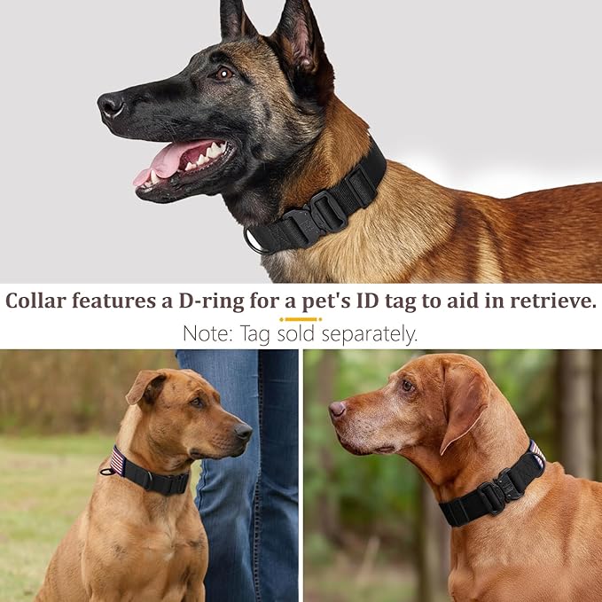 Heavy Duty Tactical Dog Collar Adjustable Nylon Pet Collars Quick Release Buckle with 2 D-Rings Patch for Medium, Large Dogs (Black, Size L)