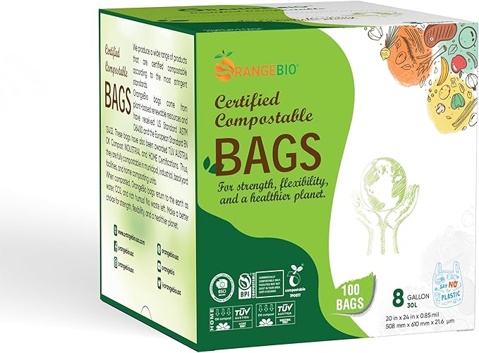 OrangeBio 6~8 Gallon Compostable Trash Bags, 100 Count, 30 Liter, 100 Count, 0.85 Mil Heavy Duty, Food Scrap Bags for Medium Bins, US BPI ASTM D6400 and OK Compost Home Certified