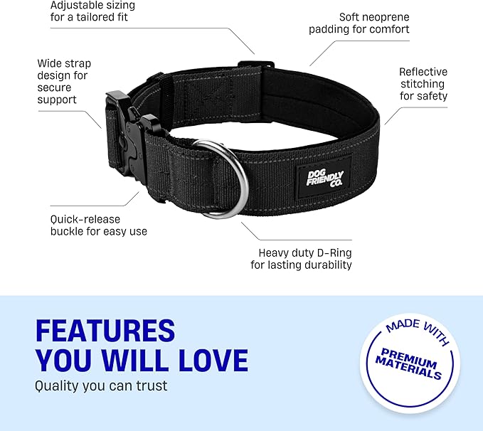 DF Co. Tactical Dog Collar | Comfortable & Secure with Quick Release Clip Buckle and Heavy Duty D-Ring | Soft Padded Neoprene, Chafe Resistant, Night-Time Visibility | Black, Size M