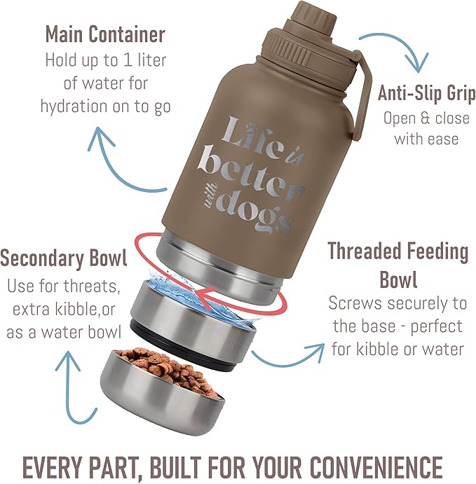 TEEAMORE Life is Better With Dogs Water Tumbler with Bowls Personalized Stainless Steel Travel Bottle Brown