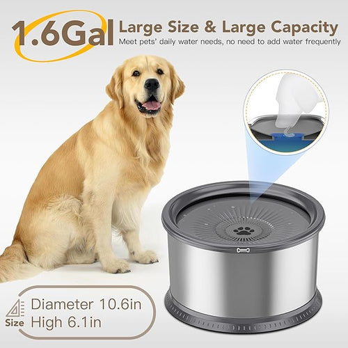 1.6 Gallon Dog Water Bowl, 6.5L/220oz Stainless Steel No Spill Water Bowl for Large Dogs, Super Large Capacity Splash Proof Pet Slow Drinking Water Bowl with Anti-Slip Mat for Mess Drinkers
