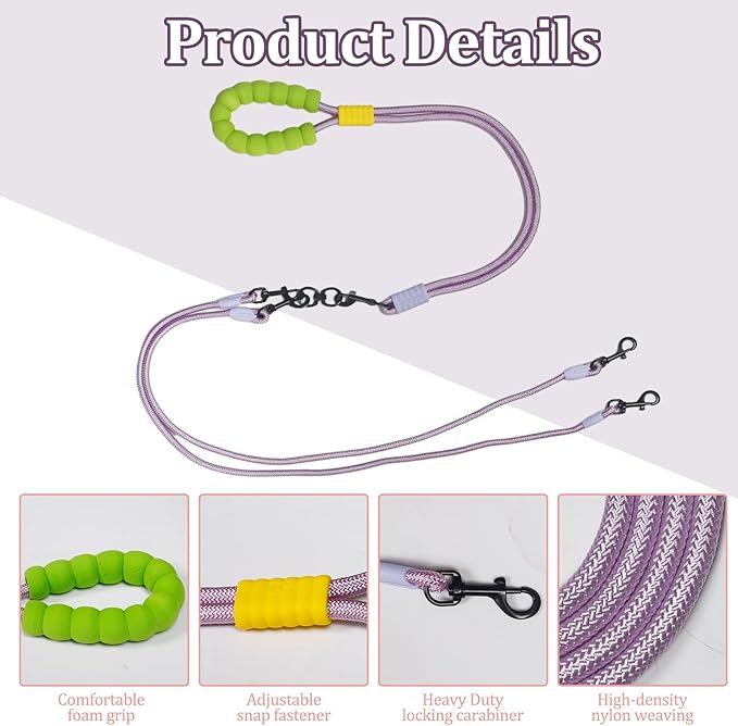 Double Dog Leash No Tangle, Adjustable Split Leads Three Pet Walking Leash with Comfortable Padded Handle for Three Dogs, Hands - Free Three Leashes for Small/Medium Pets (Purple, Three Leashes)