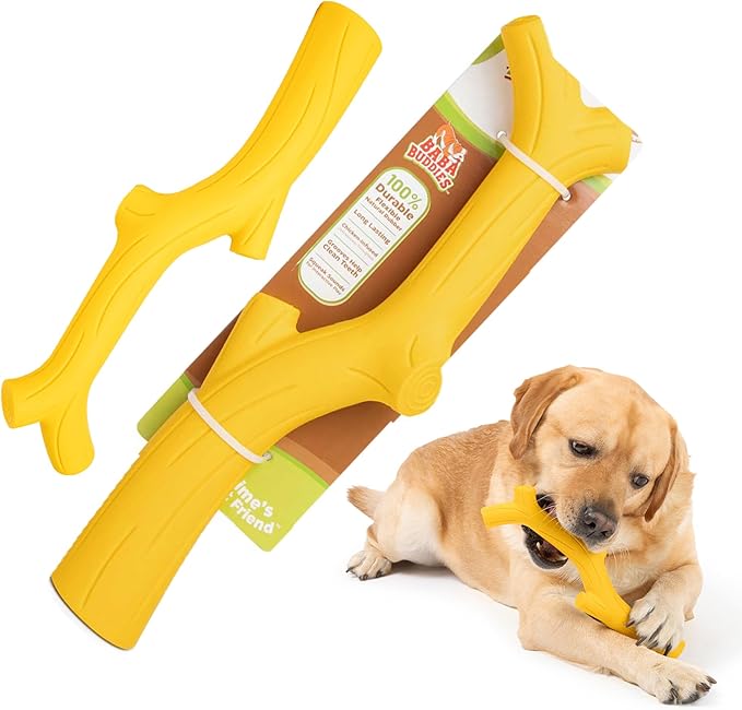 Durable Dog Toy for Power Chewers - 100% Natural Rubber Squeaky Toy for Large & Medium Breeds - Yellow Chicken Flavored Dental Chew for Fetch & Tug of War - Non-Toxic & Safety Tested