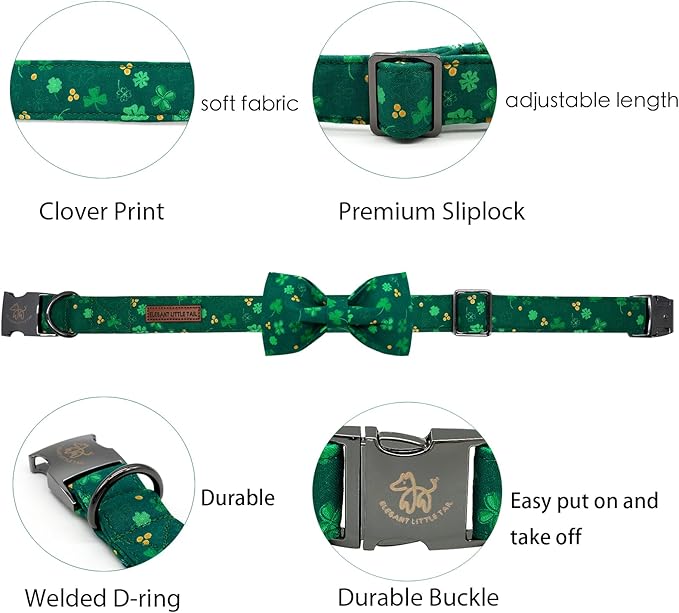 Elegant little tail St. Patrick's Dog Collar, Green Clover Print Sturdy Soft Dog Collars Pet Gift Puppy Bowtie Adjustable Pet Collars for X-Small Dogs