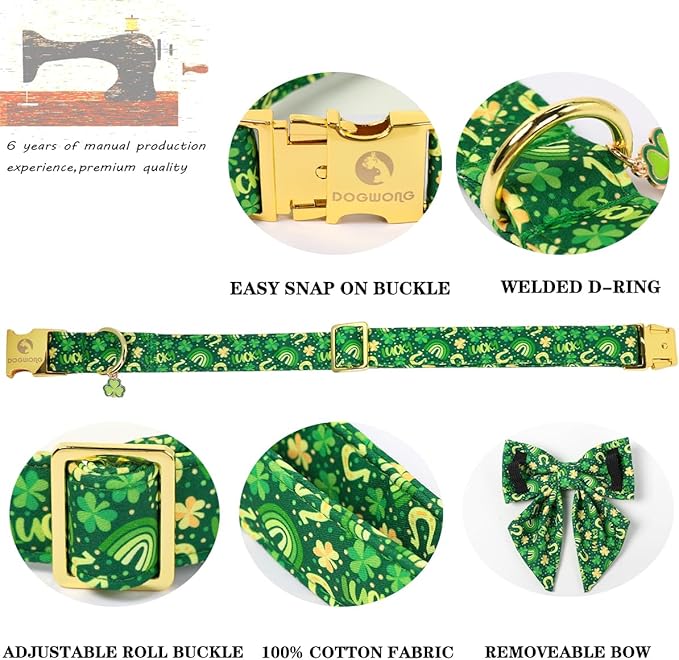 DOGWONG St. Patrick's Day Dog Collar with Sailor Bow Tie- Lucky Shamrock Bowtie Collar for Girl Boy Dog, Trefoil Dogs Collars Durable Adjustable, M